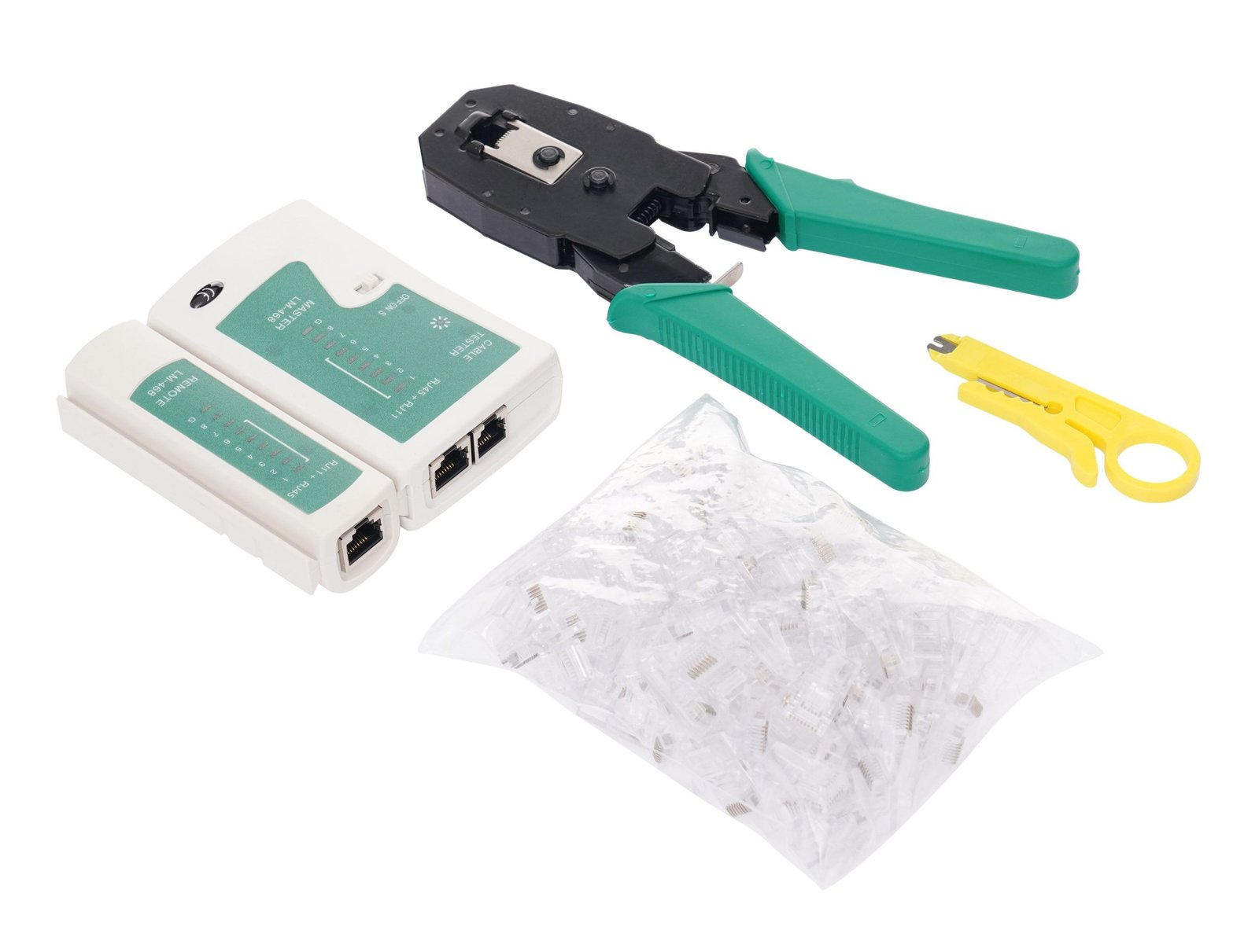 Tinklo įrankių rinkinys su testeriu, spaustuvu ir RJ45 kištukais KD10882 - Sodrinta.lt