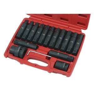 3/4" + 1" Galvučių smūginių su antgaliais rinkinys (TORX, E-TORX, HEX) 16vnt. - Sodrinta.lt
