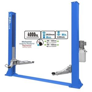 Hidraulinis dviejų kolonų keltuvas su mechaniniais fiksatoriais (su prailg. letenomis) 4t - Sodrinta.lt