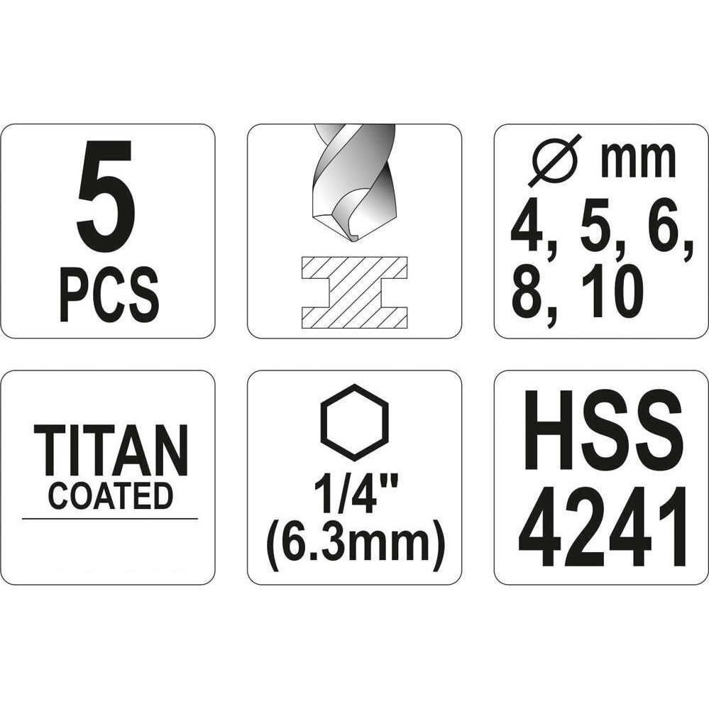 Grąžtų rinkinys HSS 1/4" (5vnt)(titano) 4.0-10.0mm - Sodrinta.lt