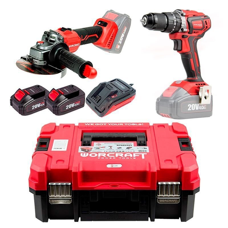 Akumuliatorinio suktuvo-gręžtuvo ir kampinio šlifuoklio WORCRAFT rinkinys 20V LI-ION (XCUBE dėžė) - Sodrinta.lt