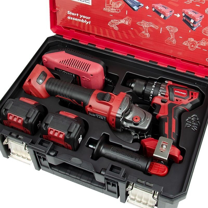 Akumuliatorinio suktuvo-gręžtuvo ir kampinio šlifuoklio WORCRAFT rinkinys 20V LI-ION (XCUBE dėžė) - Sodrinta.lt