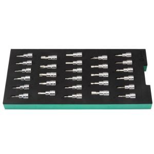 Padėklas. Galvučių su antgaliais rinkinys 3/8" (pl./PH/PZ/HEX/torx) 28vnt. - Sodrinta.lt