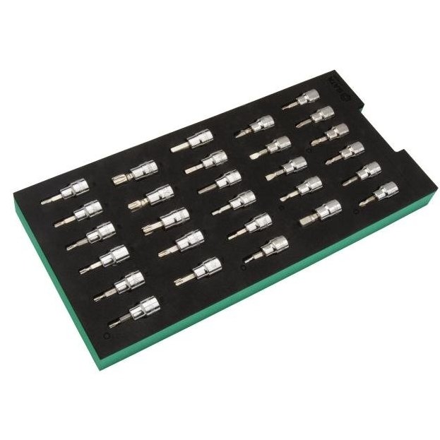 Padėklas. Galvučių su antgaliais rinkinys 3/8" (pl./PH/PZ/HEX/torx) 28vnt. - Sodrinta.lt