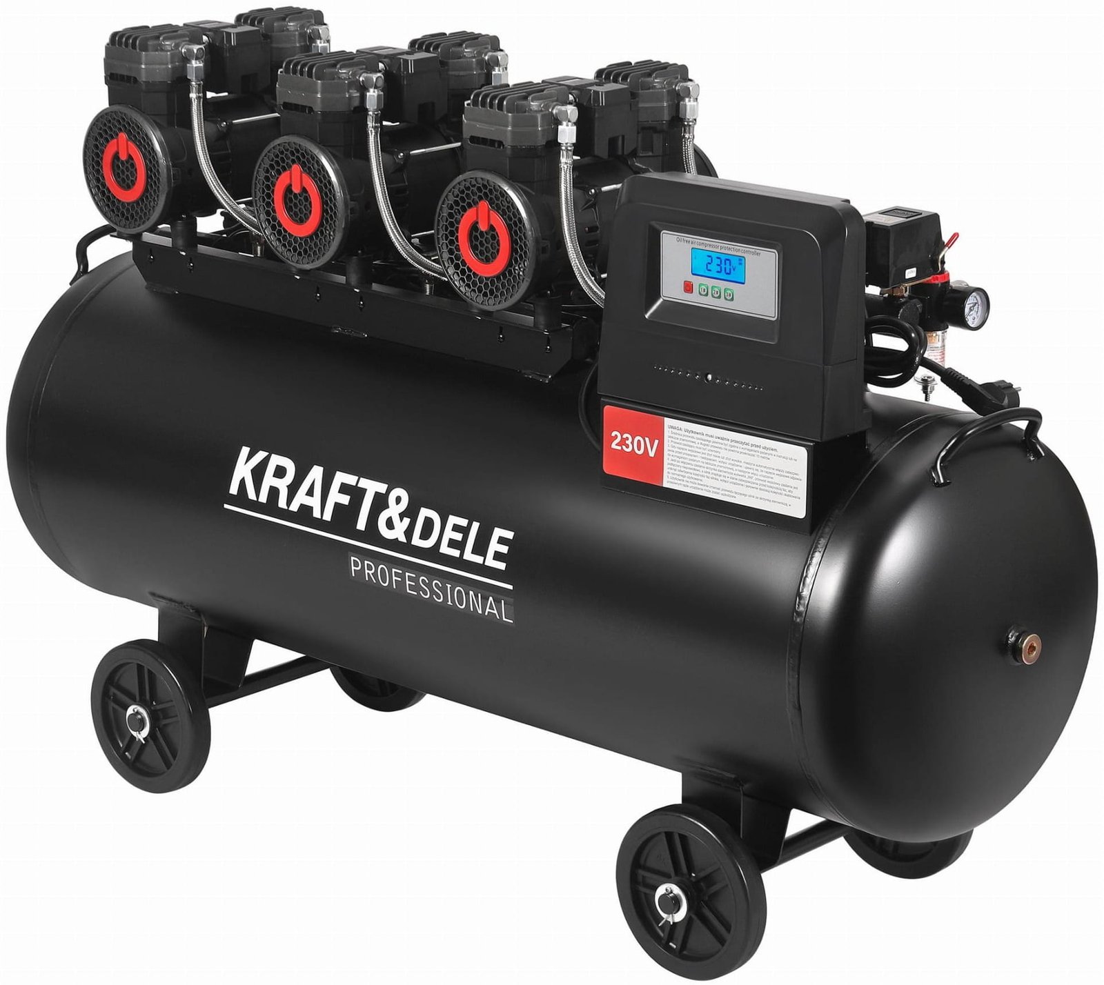 Kompresor bezolejowy 200L 3x2200W + separator i manometr z gliceryną KD4084 - Sodrinta.lt