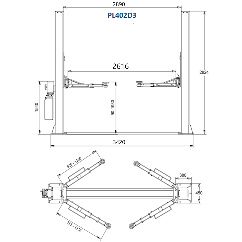Hidraul. dviejų kolonų keltuvas su mech. saugumo fiksatoriais (3 pakopų letenos), 4.0t 220V - Image 2