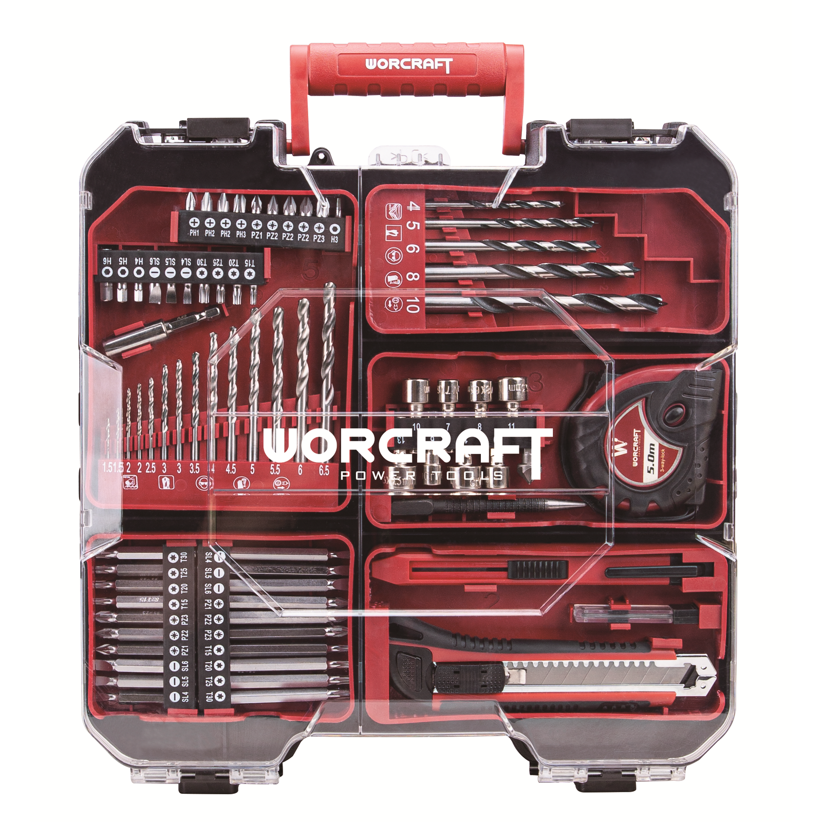 Akumuliatorinis suktuvas-gręžtuvas su kalimu WORCRAFT 20V LI-ION ir priedais 78vnt., 2x2.0Ah - Image 2