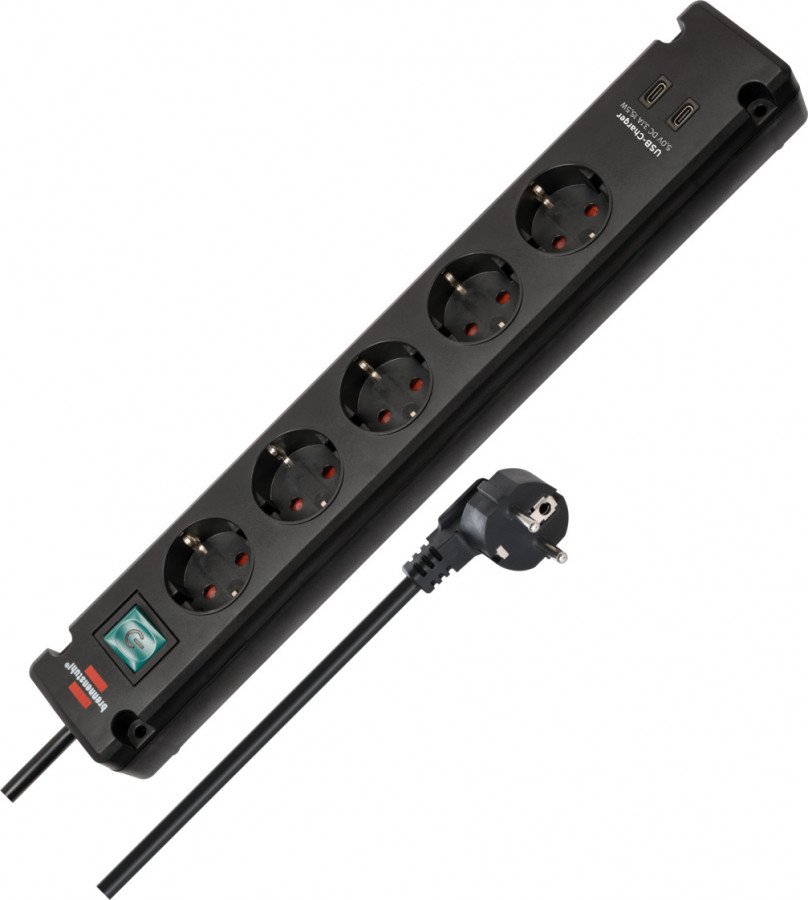 Bremounta 5-Way Power Strip with 2× USB-C, Switch, 3 m Cable black, Brennenstuhl
