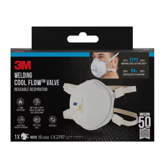Respiratorius su iškvėpimo vožtuvu 9928, suvirintojams, retail pack FFP2, 3M