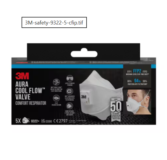 Respiratorius su iškvėpimo vožtuvu Aura 9322+, retail pack FFP2, 3M