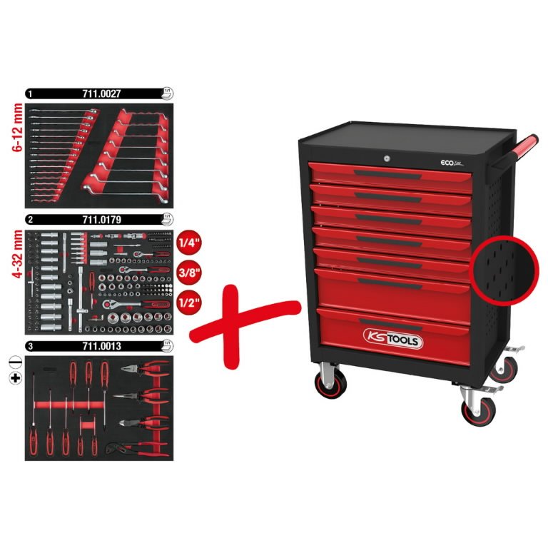 Įrankių vežimėlis ECOline, 7 stalčiai, 215 vnt, KS Tools