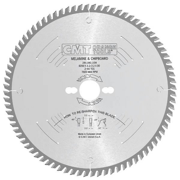 Pjovimo diskas laminatinei plokštei 250x3.2x30mm Z80 a=10° T 250x3.2x30mm Z80 a=10° TCG, CMT
