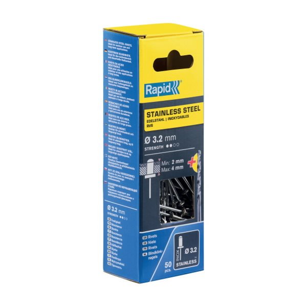 Nerūdijančio plieno kniedės 3,2x8mm 50vnt + Drill C, Rapid